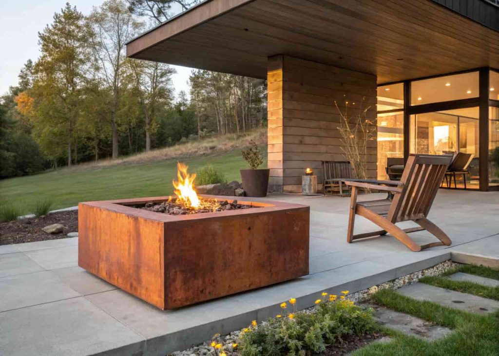 Square corten steel fire pit with a weathered rust-orange finish and wood fire inside, surrounded by a modern concrete and wood patio.