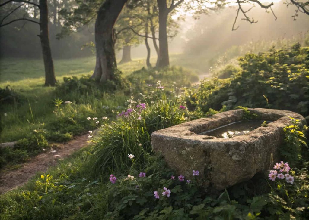 A rustic stone slab with a carved shallow depression, surrounded by greenery and small flowers.