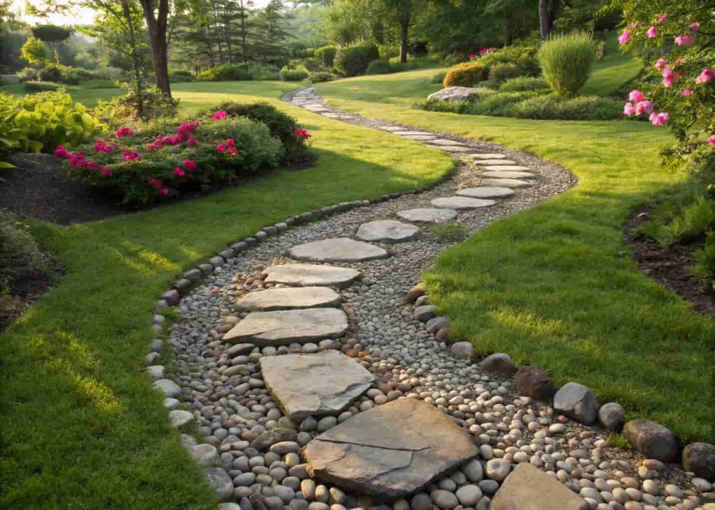 A winding garden path made with flat river rocks as stepping stones, small river pebbles filling the gaps, green grass and flowers on both sides, sunny garden setting, natural realistic photo style