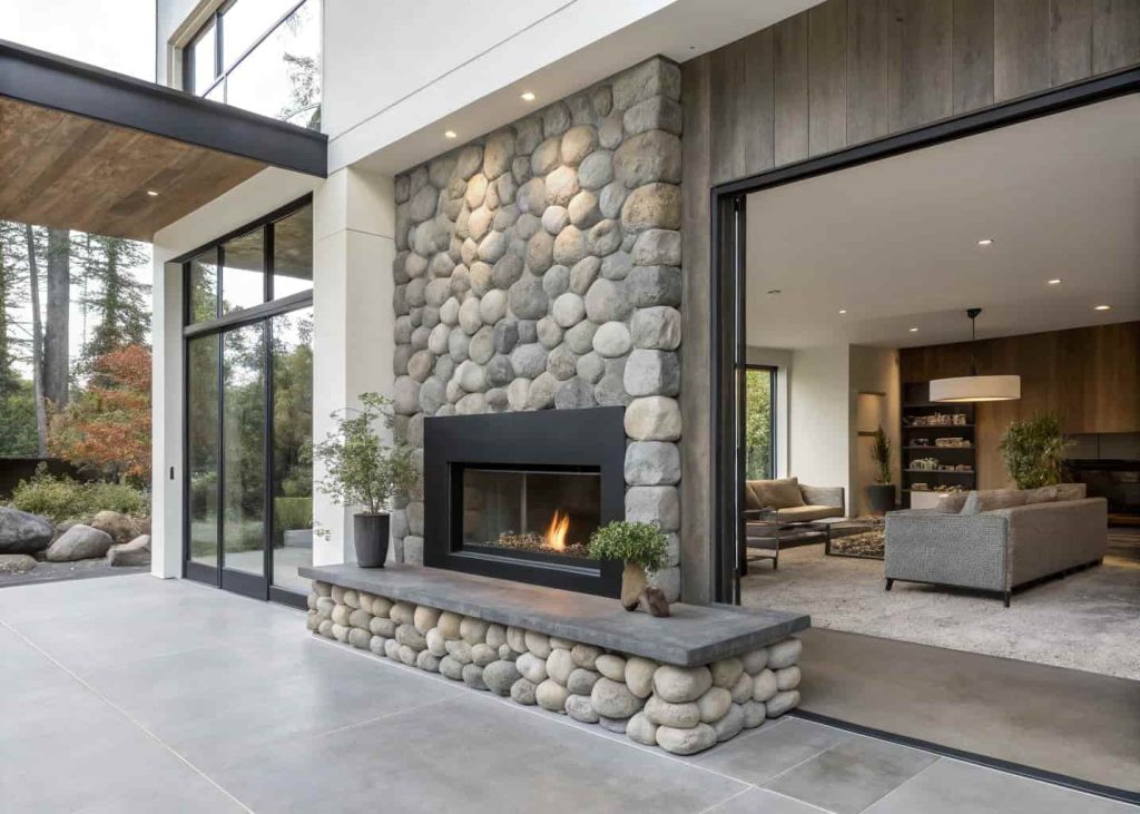 Modern river rock fireplace framed in dark steel with smooth gray stones, set within a minimalist living room featuring clean lines and neutral tones