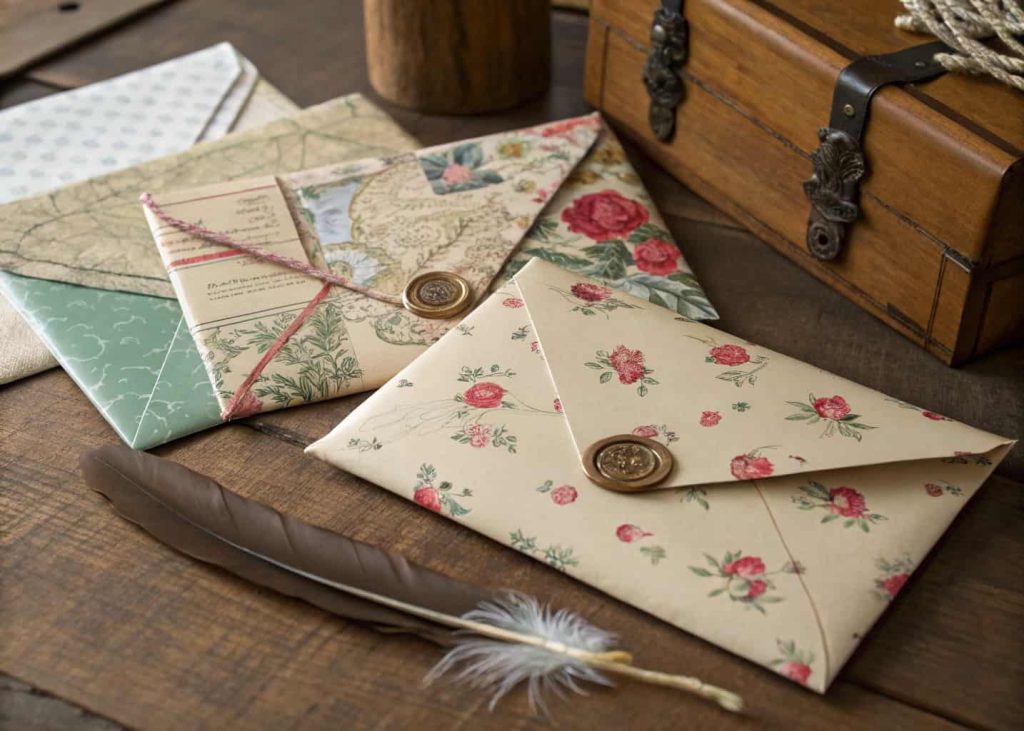 Handmade paper envelopes made from decorative and map paper sealed with wax stamps on a rustic wooden surface.