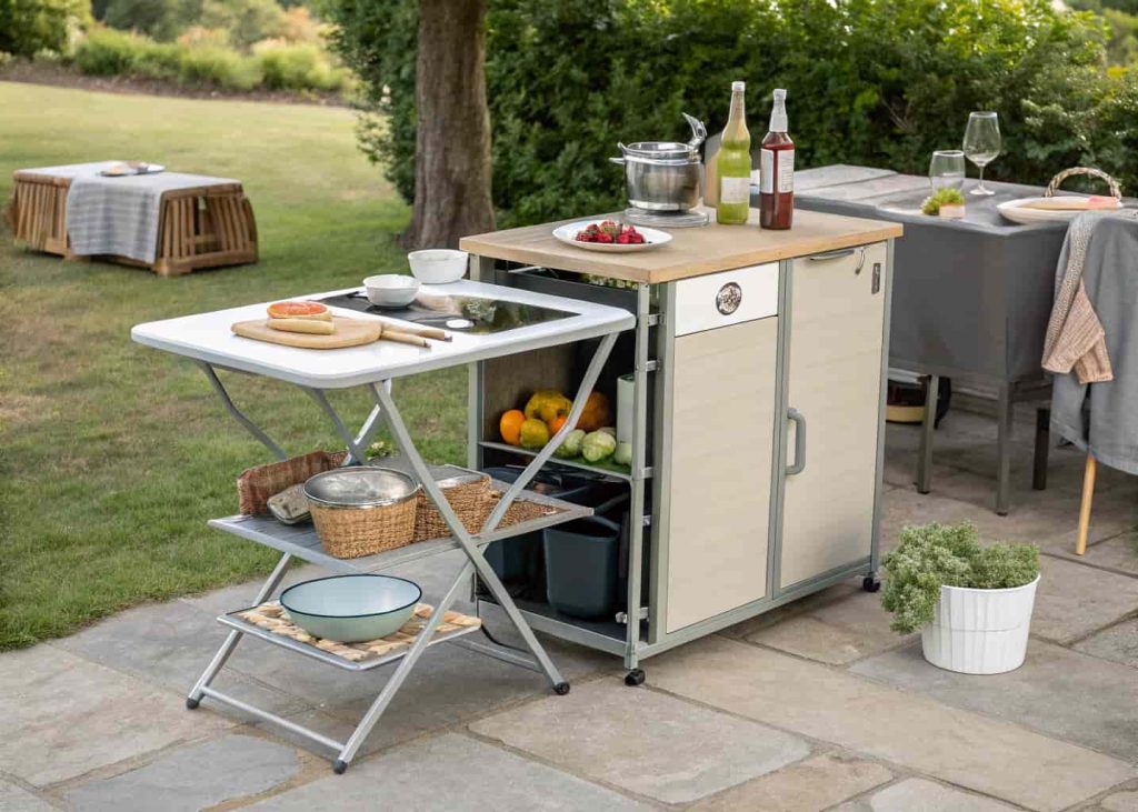 foldable outdoor kitchen table, compact patio, space-saving design, small backyard cooking