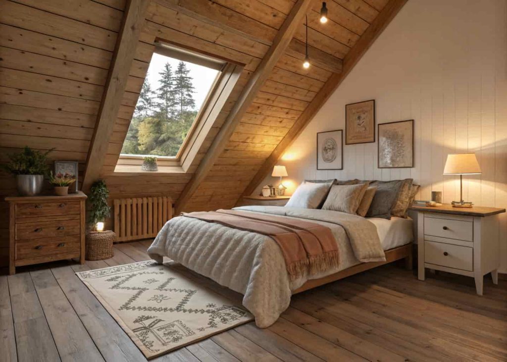 slanted plywood ceiling in attic room, cozy bedroom setup