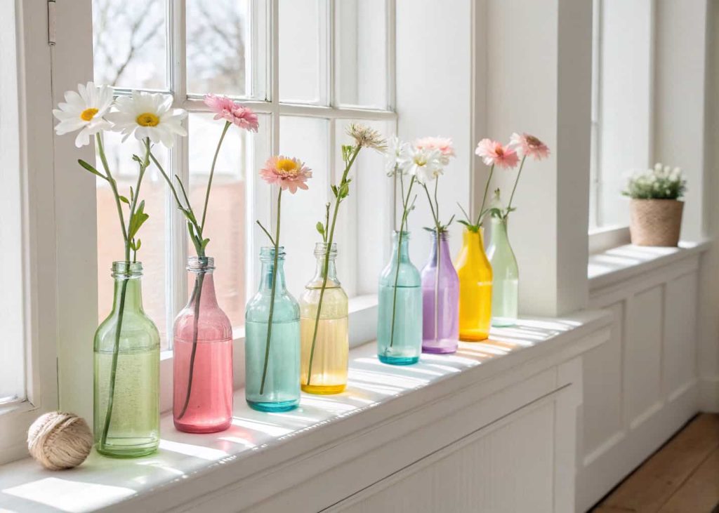  A row of colorful glass bottles each holding a single fresh flower stem on a white mantle, soft pastel tones, minimalist Easter home decor, bright natural window light, editorial lifestyle photography