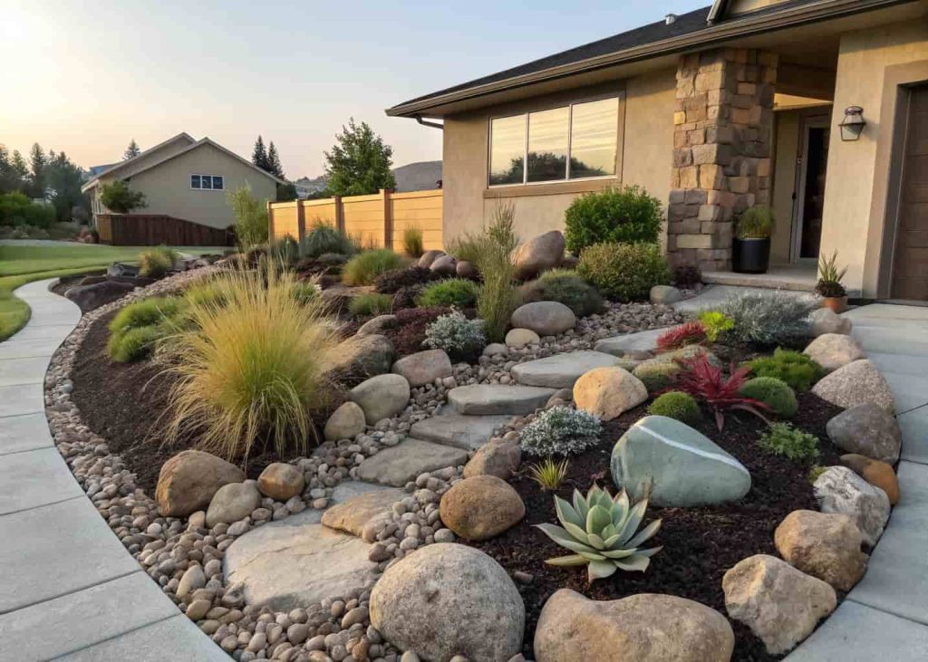 A small front yard rock garden centerpiece with layered river rocks of various sizes, succulents and ornamental grasses planted among the rocks, dark mulch border surrounding it, sunny afternoon, wide residential landscape photo