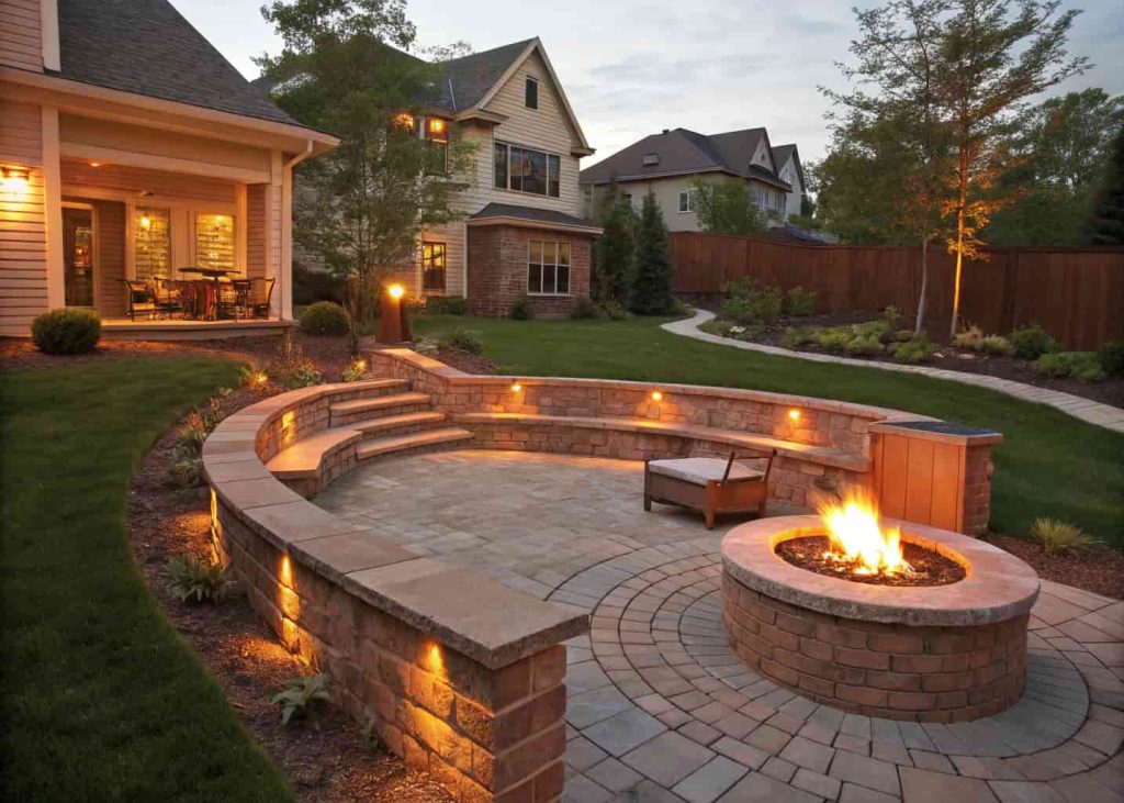 Built-in brick fire pit with a curved brick seating wall and capstone tops, surrounded by a green backyard garden in the evening.