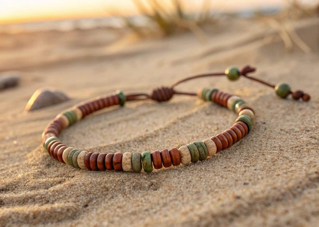 Earthy heishi bead surfer bracelet in terracotta olive and beige on sandy background