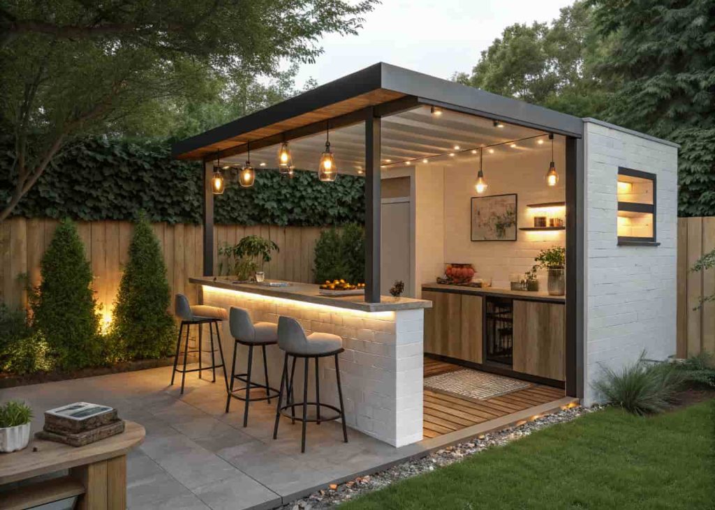 mini bar outdoor kitchen, small backyard, stools, cozy entertaining space, warm lighting