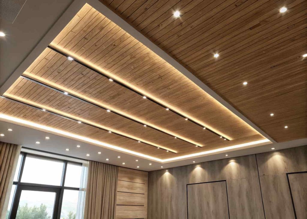 plywood ceiling with hidden LED lights, soft ambient glow