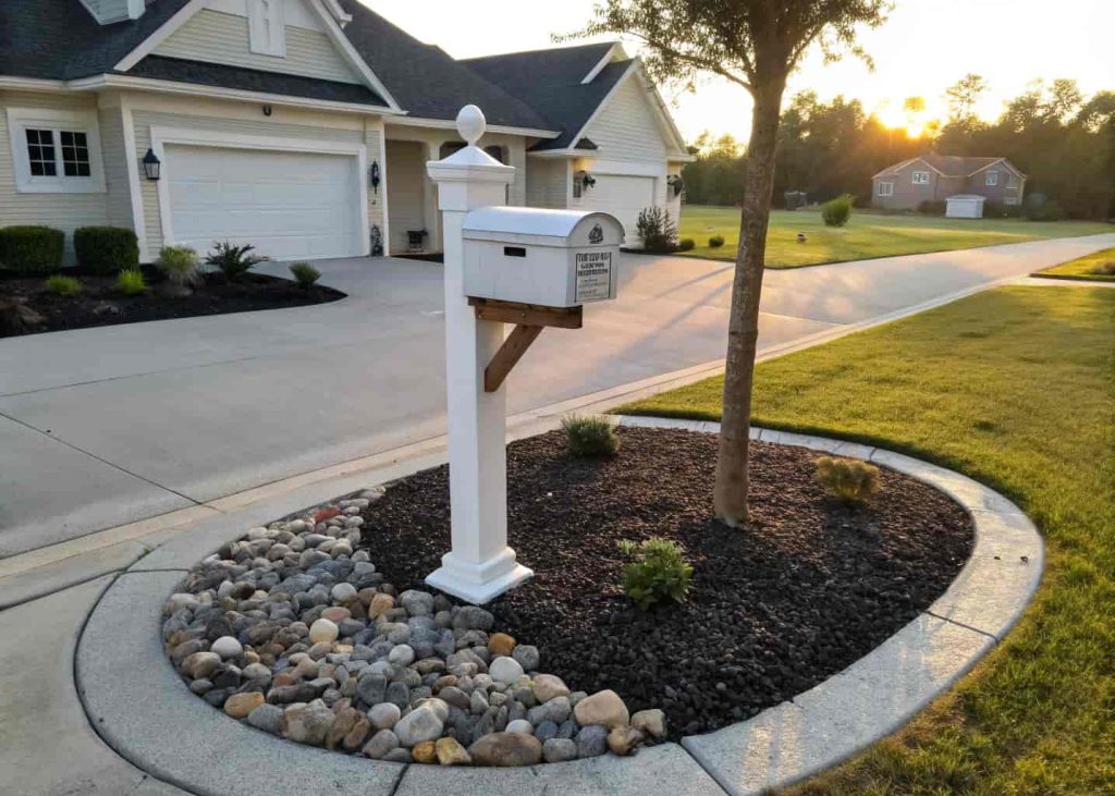 A residential mailbox post surrounded by a small circle of dark mulch edged with smooth river rocks, driveway visible in background, sunny day, clean and tidy suburban landscaping, realistic photo