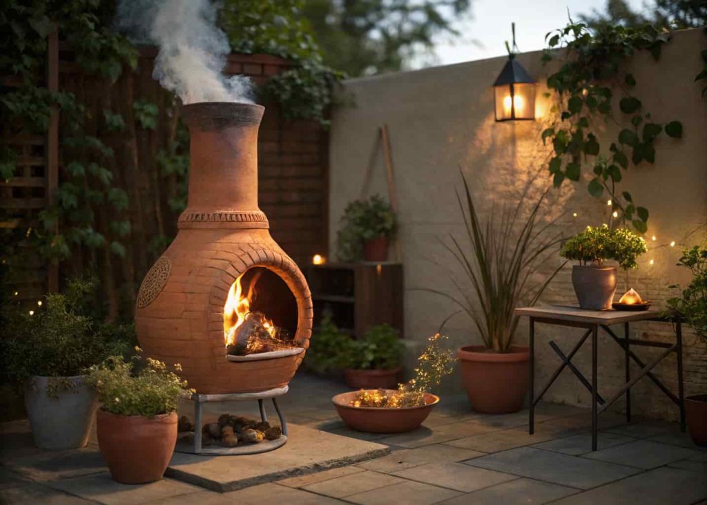 Terracotta clay chiminea with smoke rising from the chimney and fire glowing inside, set on a small patio with potted plants in the evening.