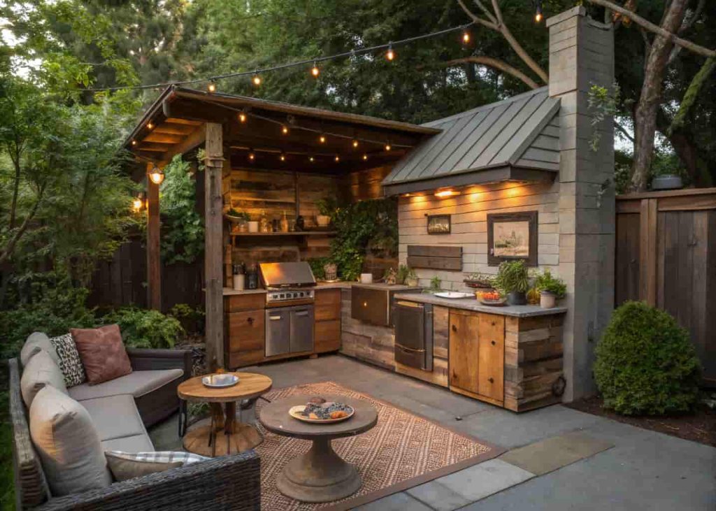 recycled material outdoor kitchen, eco-friendly design, mixed textures, small cozy backyard