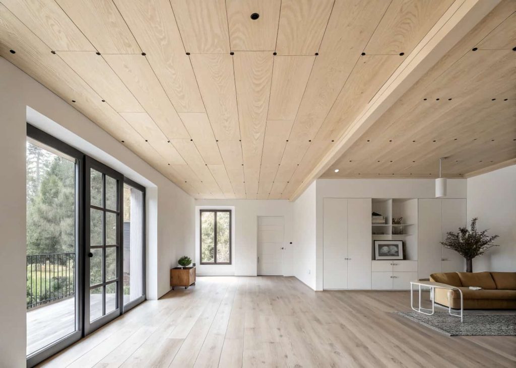 minimalist plywood ceiling, clean modern room, neutral tones