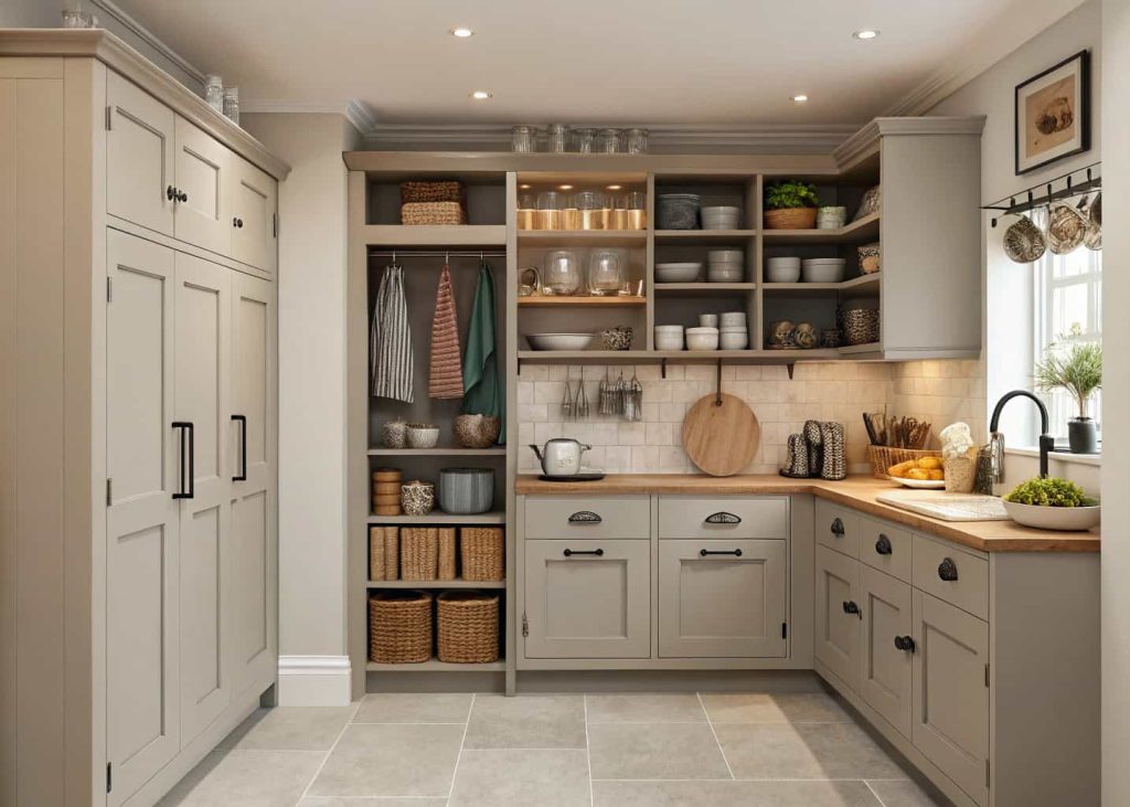 Small kitchen with tall cabinets, open shelves, and hanging storage
