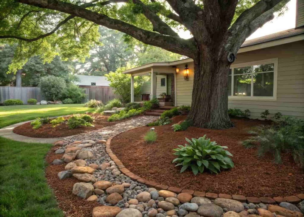Under a large shade tree, brown mulch covers the ground with river rocks scattered decoratively and edging the outer circle, shade-tolerant green plants growing near the trunk, dappled light, realistic residential yard photo