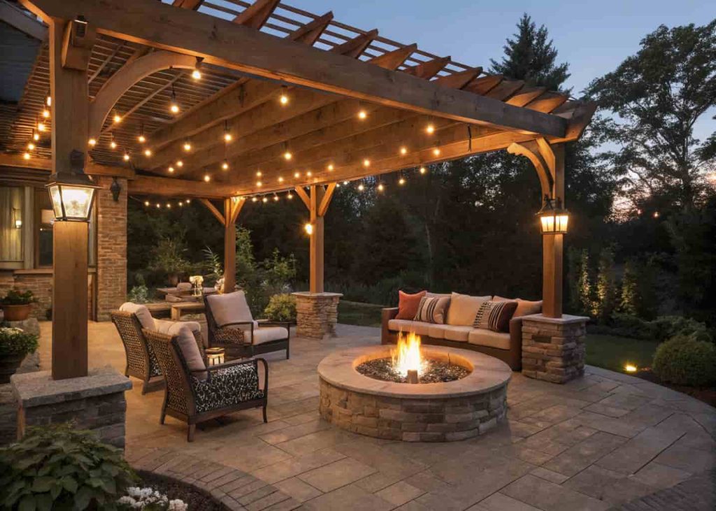 Wooden pergola with string lights over a round outdoor fire pit, surrounded by outdoor sofas and chairs in an evening garden setting.