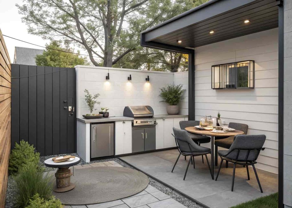 compact patio outdoor kitchen, small space design, simple grill, cozy setup, modern look