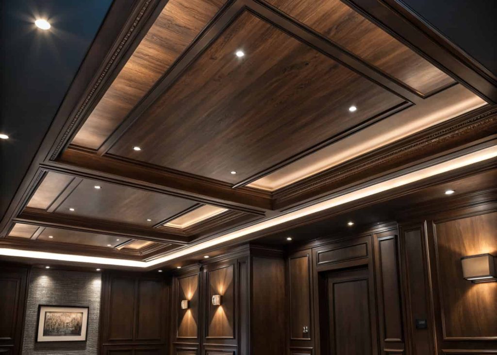 dark plywood ceiling, elegant interior, contrast lighting