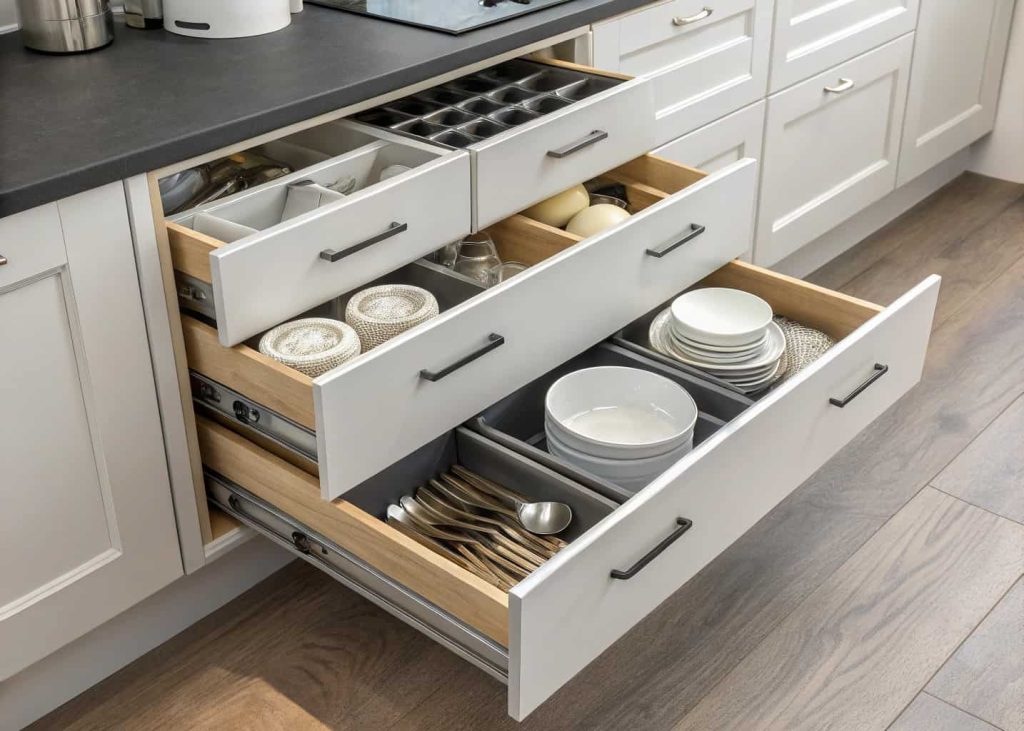 Kitchen cabinet with smooth pull-out drawers filled with organized items