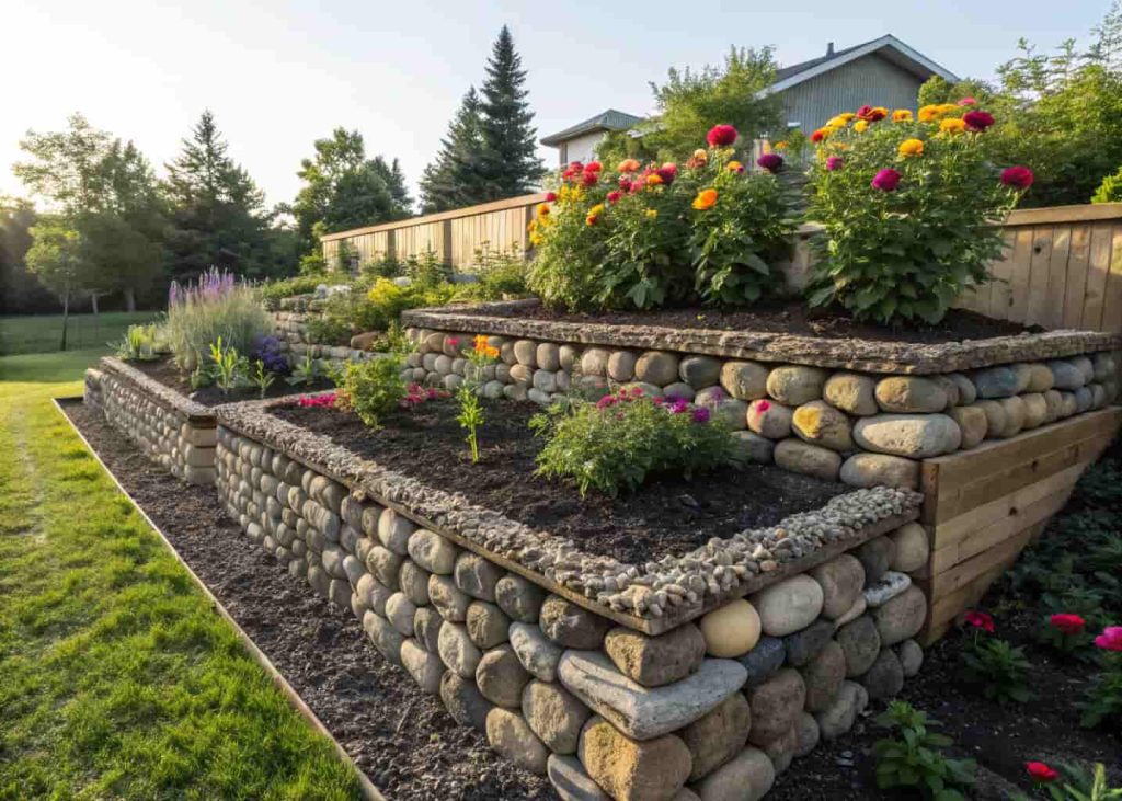 A raised garden bed with walls built from stacked river rocks two to three rows high, dark mulch inside the bed with colorful flowers growing, green backyard setting, bright daylight, realistic garden photography showing texture and detail
