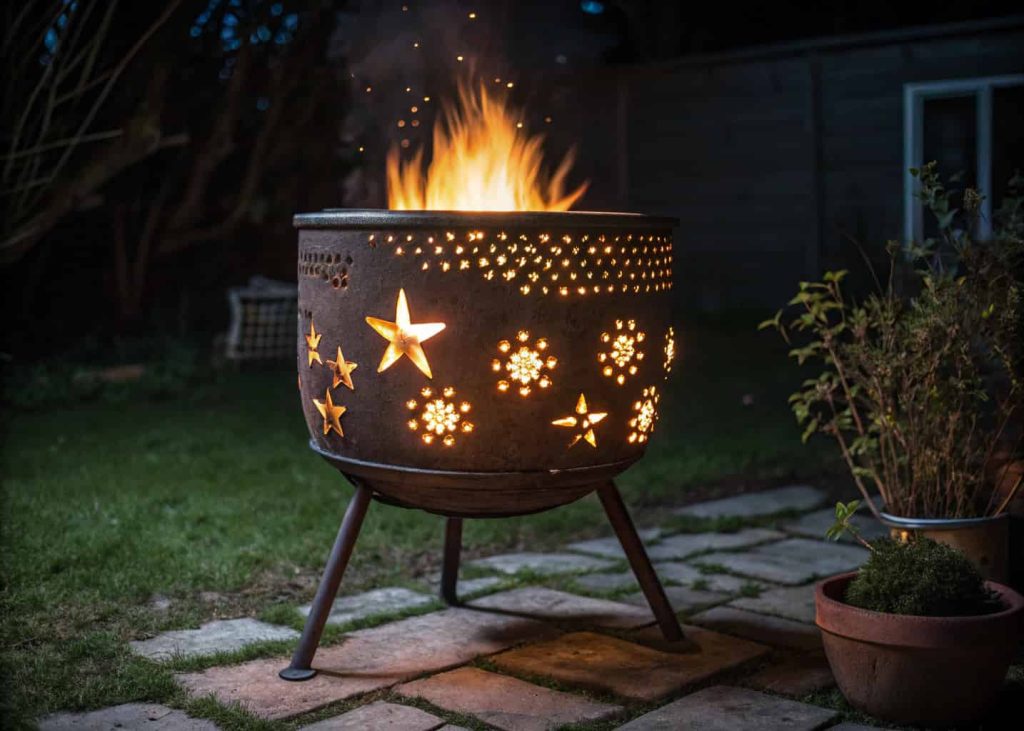 Washing machine drum fire pit at night with fire inside and light glowing through the perforations, creating a star-like pattern, on a metal stand in a backyard.