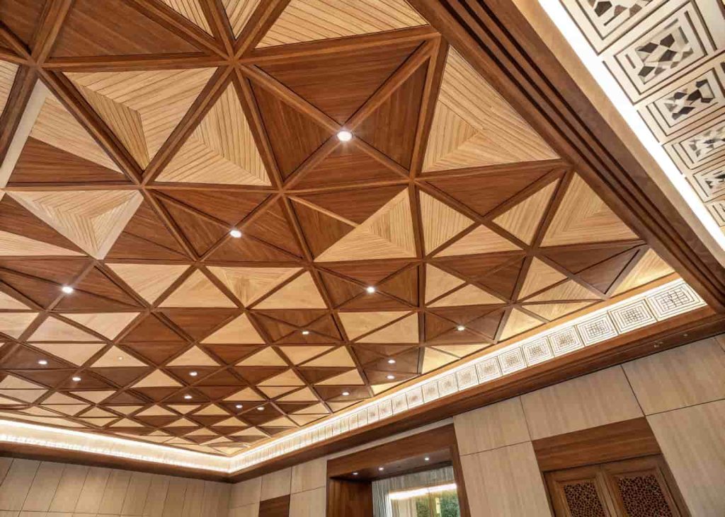 patterned plywood ceiling, geometric shapes, artistic interior