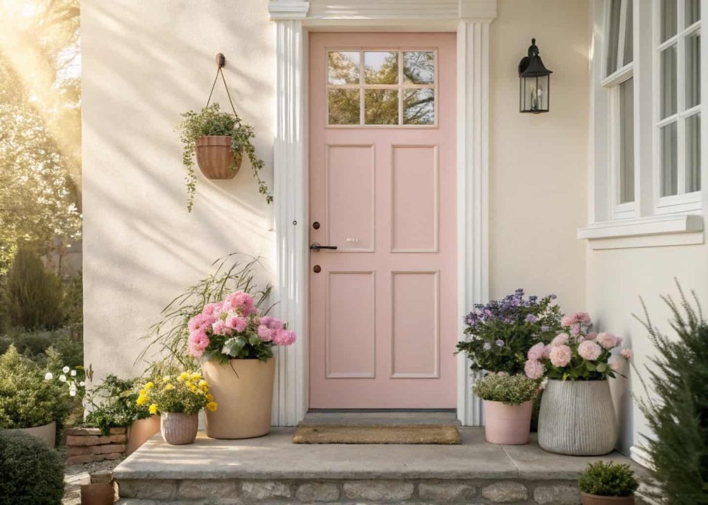 “Front door painted in soft pastel pink, potted flowers on doorstep, spring sunlight”