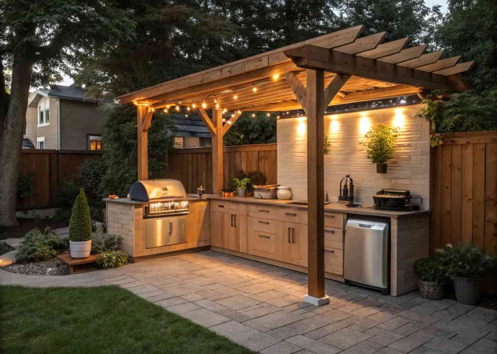 small outdoor kitchen with pergola, wooden structure, cozy lighting, backyard setup