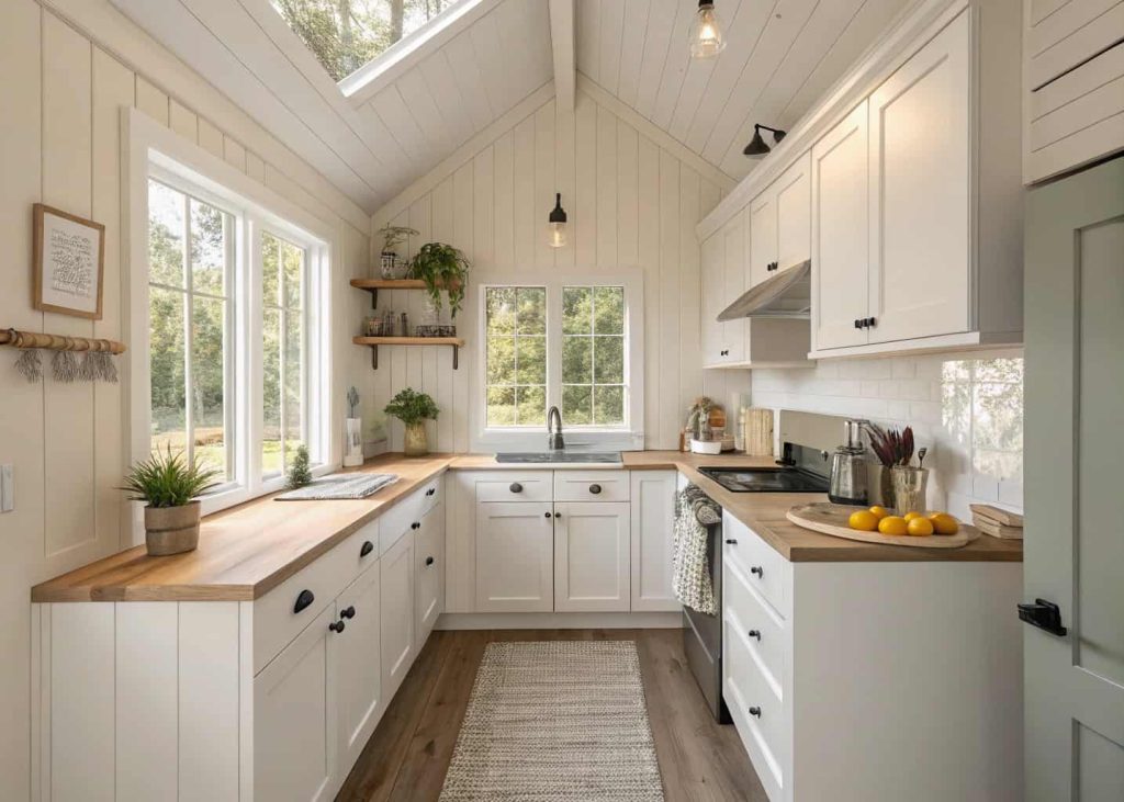 Small kitchen with white cabinets, light walls, and soft natural lighting