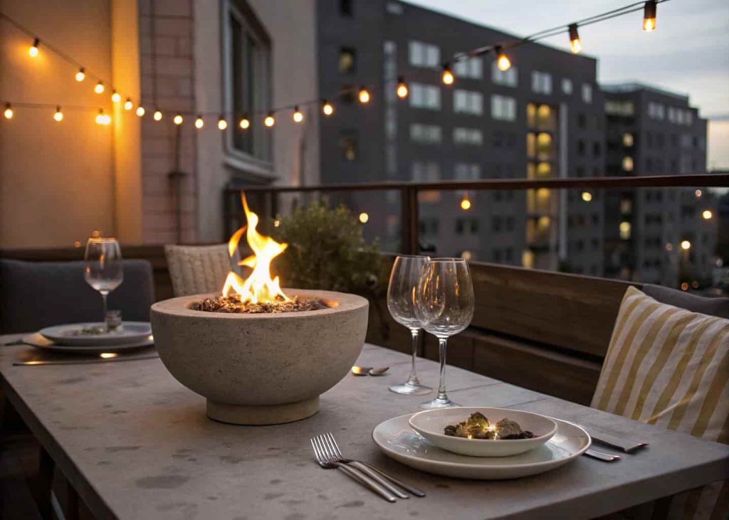 Small concrete tabletop fire bowl with a live flame on an outdoor dining table, surrounded by wine glasses on a small balcony at night.