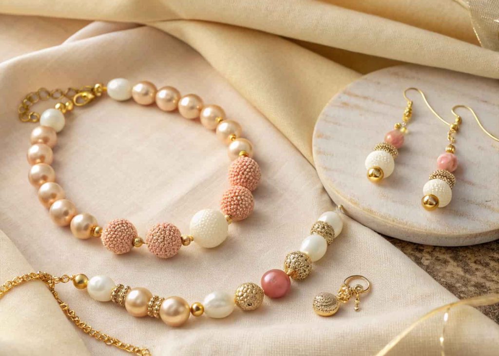 A flat lay of handmade beaded jewelry in neutral ivory, blush, and gold tones arranged on a soft linen background