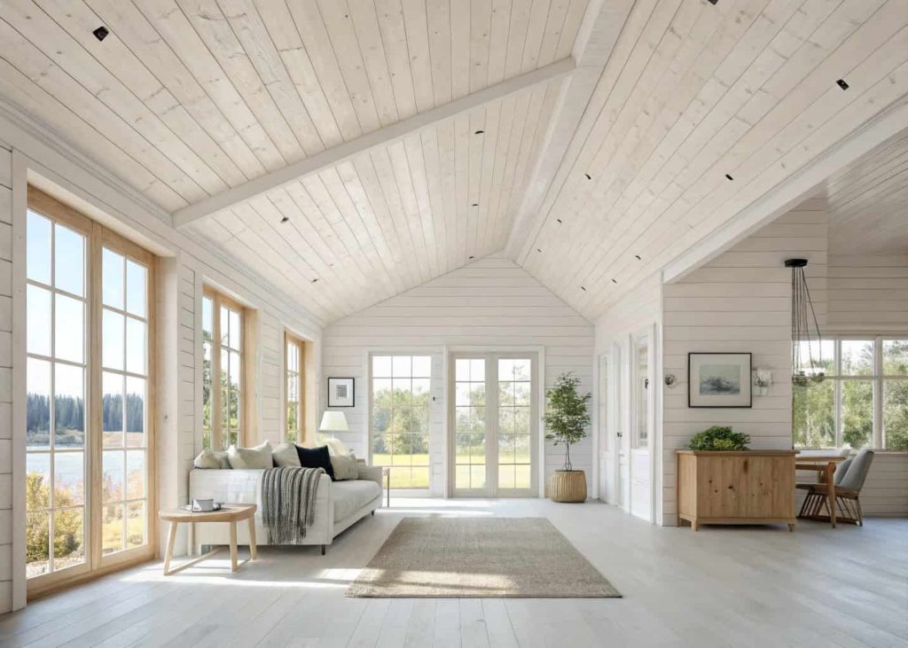 whitewashed plywood ceiling, bright airy room, Scandinavian style
