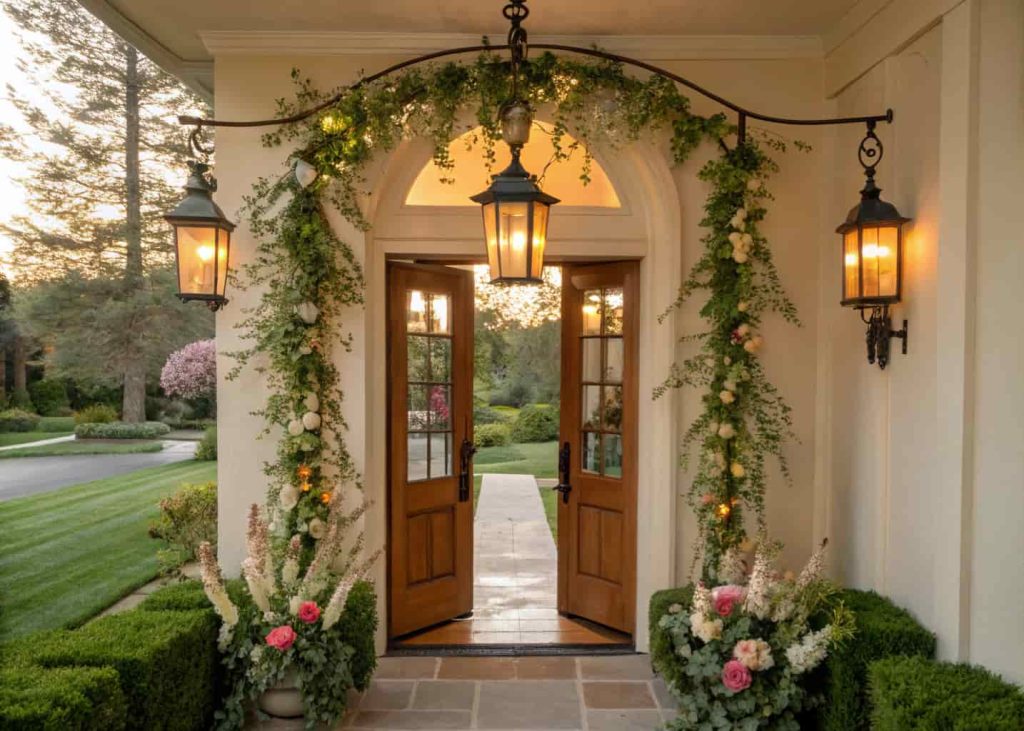 Front door with hanging lanterns, spring garlands, warm light, welcoming entrance”