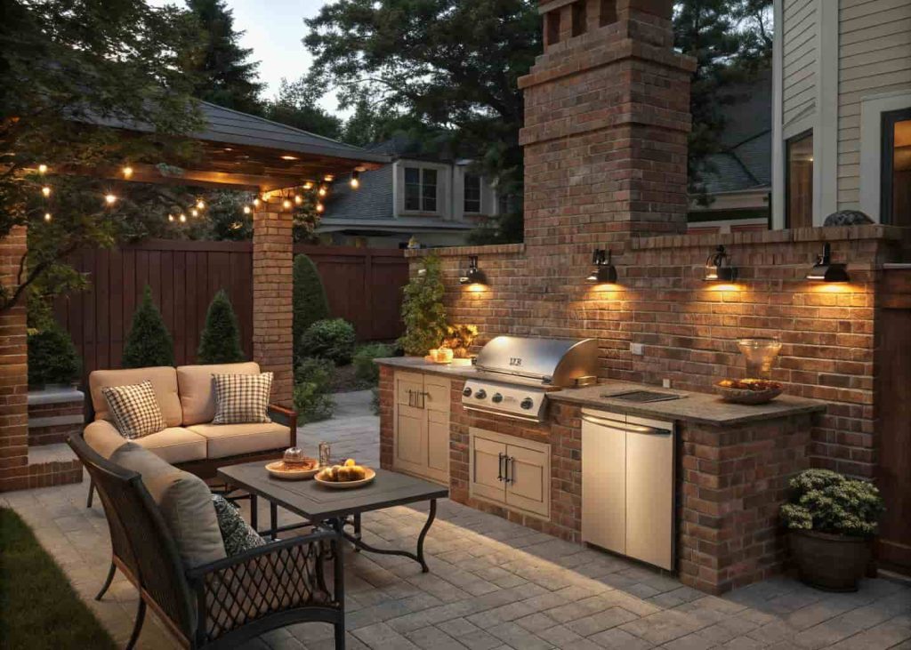 brick outdoor kitchen, small backyard, classic design, grill and counter, cozy setting