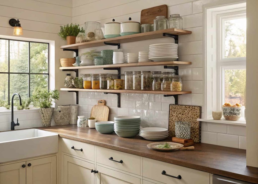 Small kitchen with stylish open shelves displaying dishes and jars