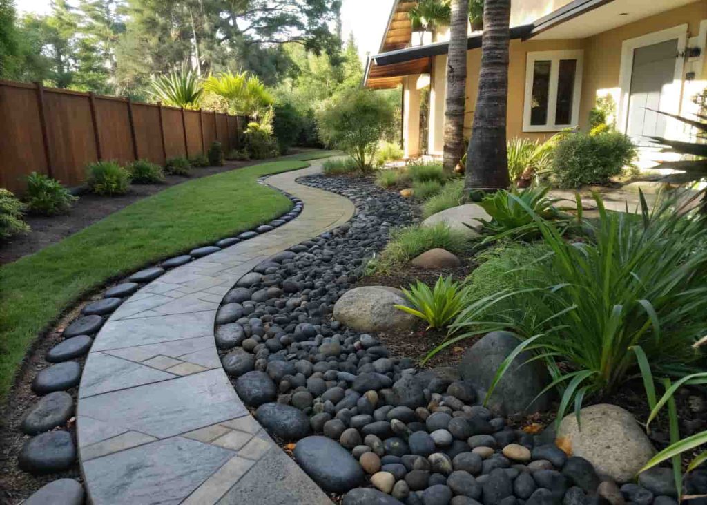 A dry river bed pathway in a front yard made of smooth black river rocks, curved shape through green garden plants, natural outdoor daylight photography, realistic style