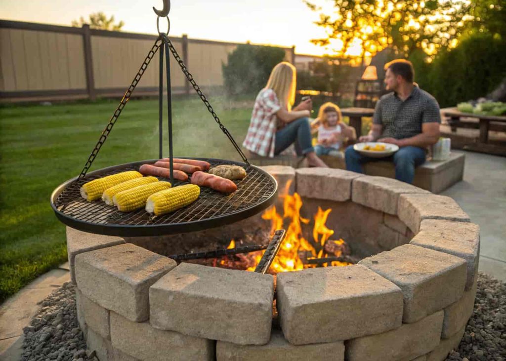 Round stone fire pit with a swing-arm grill grate and hot dogs cooking over the fire, surrounded by a family in a backyard.