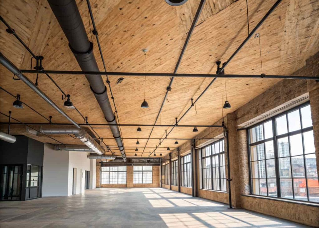 industrial plywood ceiling, exposed pipes, loft style interior