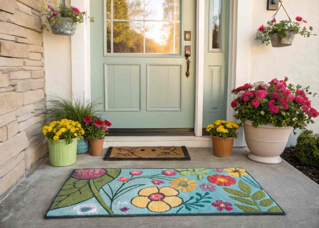 Front door with a colorful spring-themed doormat, potted flowers around, bright morning”