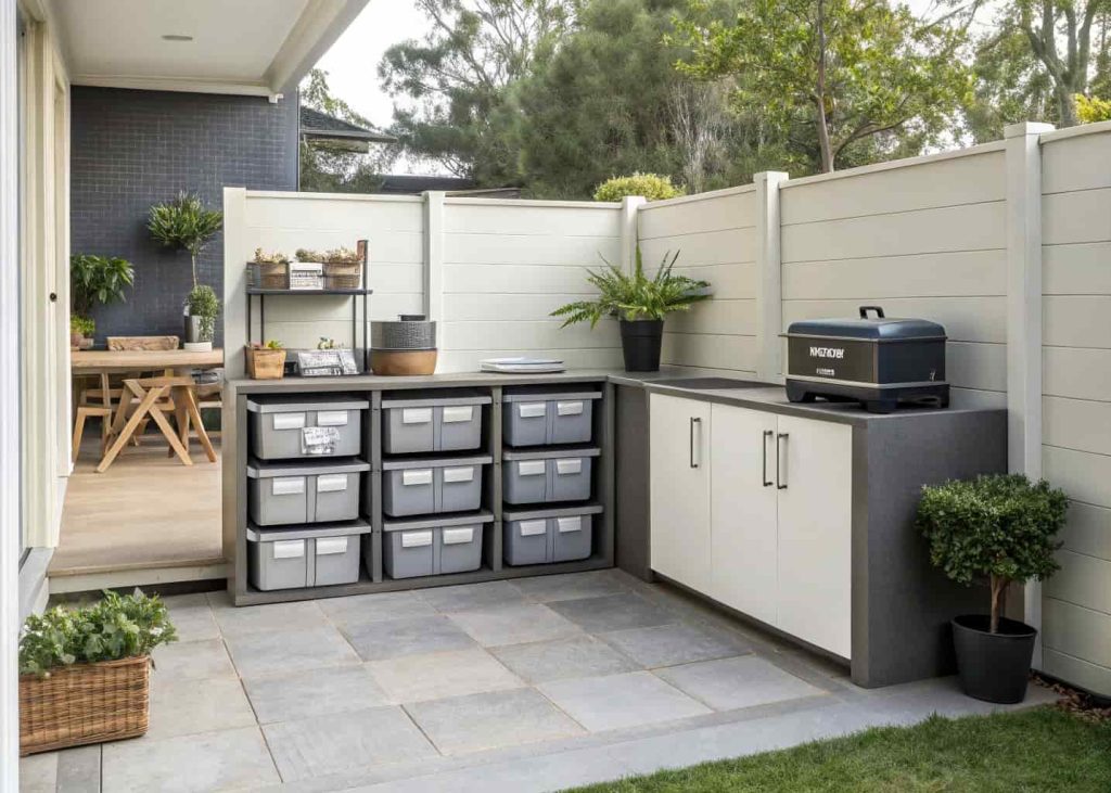 outdoor kitchen storage bins, organized small space, clean setup, compact backyard