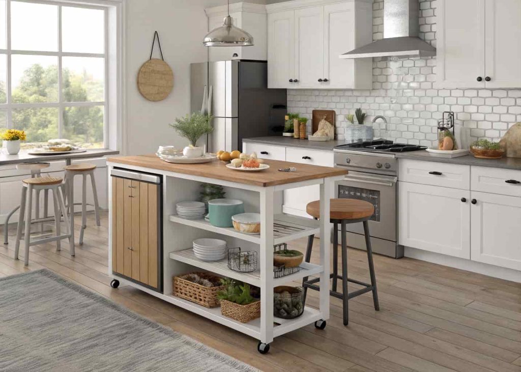 Compact kitchen with foldable table and multi-use kitchen island