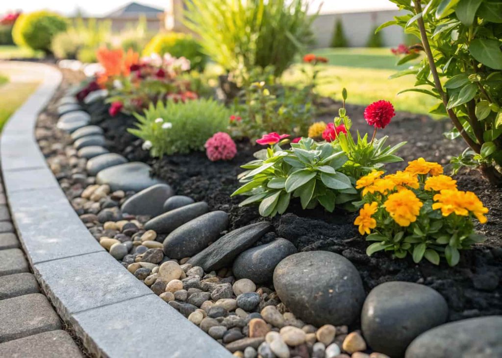 Close-up of flower bed with smooth black river rocks used as mulch around colorful flowering plants, clean garden bed, bright natural light