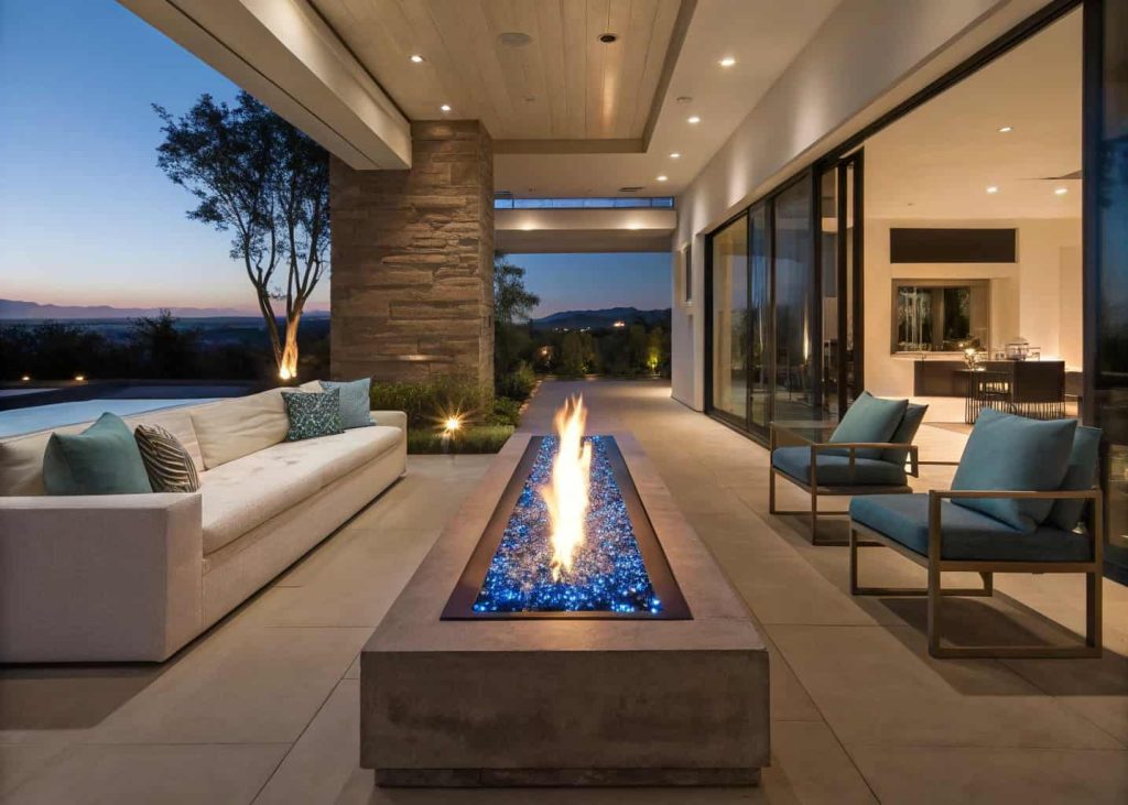 Modern rectangular gas fire pit with blue glass beads and a long flame, centered between a long outdoor sofa and two chairs on a contemporary patio at evening.