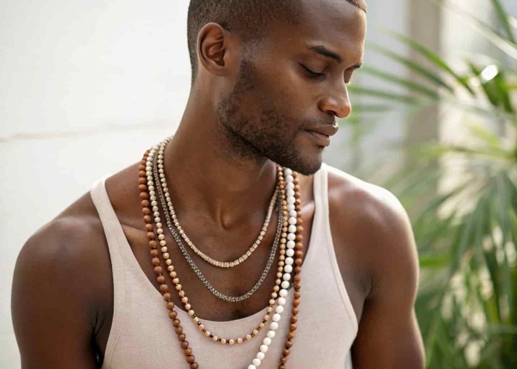 Three layered beaded necklaces of different lengths worn together on a model in warm natural light with a soft, elegant background