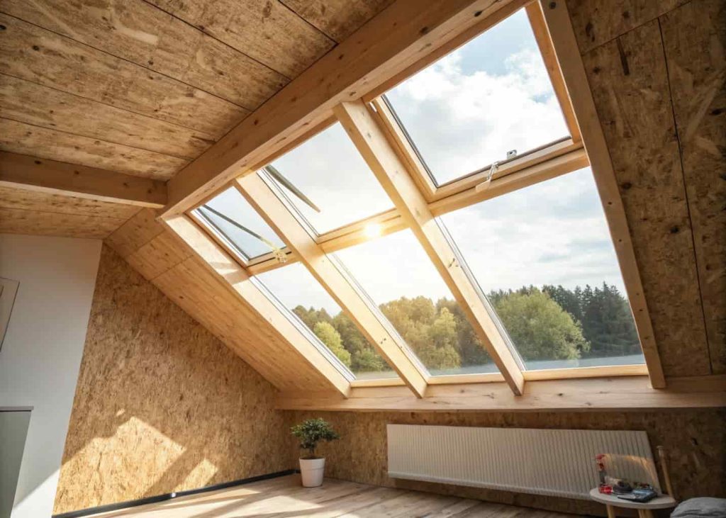 plywood ceiling with skylight, sunlight entering room, bright interior