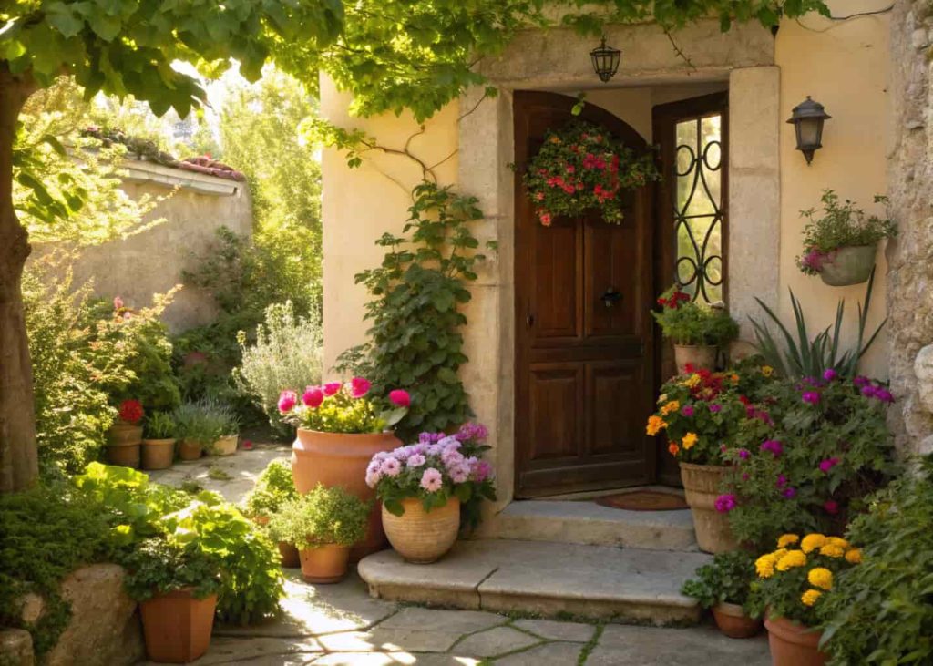 Front door with colorful potted spring flowers, green plants, sunny garden entrance”