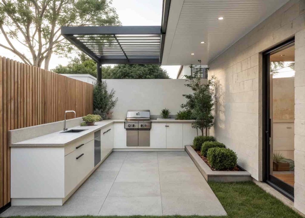 minimalist outdoor kitchen, small backyard, clean design, simple grill and counter, modern look