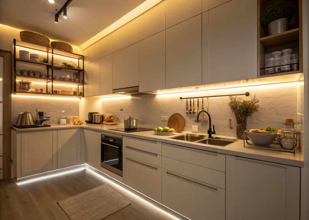 Small kitchen with glowing under-cabinet LED lighting