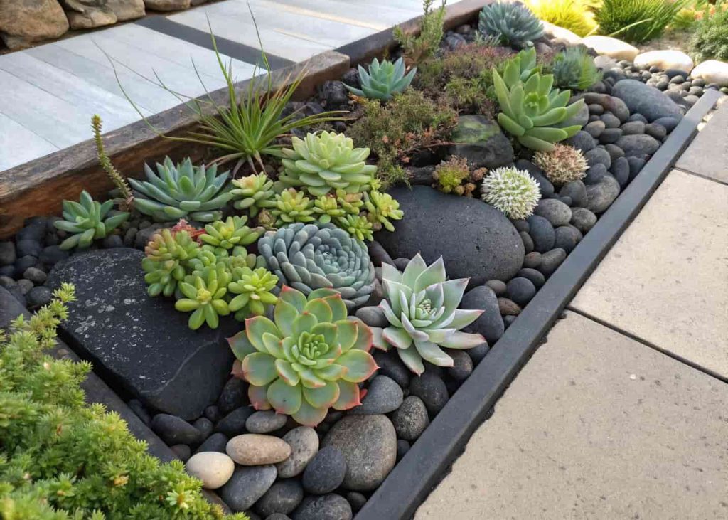 A beautiful succulent garden with smooth black river rocks filling the gaps between different types of succulent plants, top-down angle, bright outdoor lighting, modern garden design