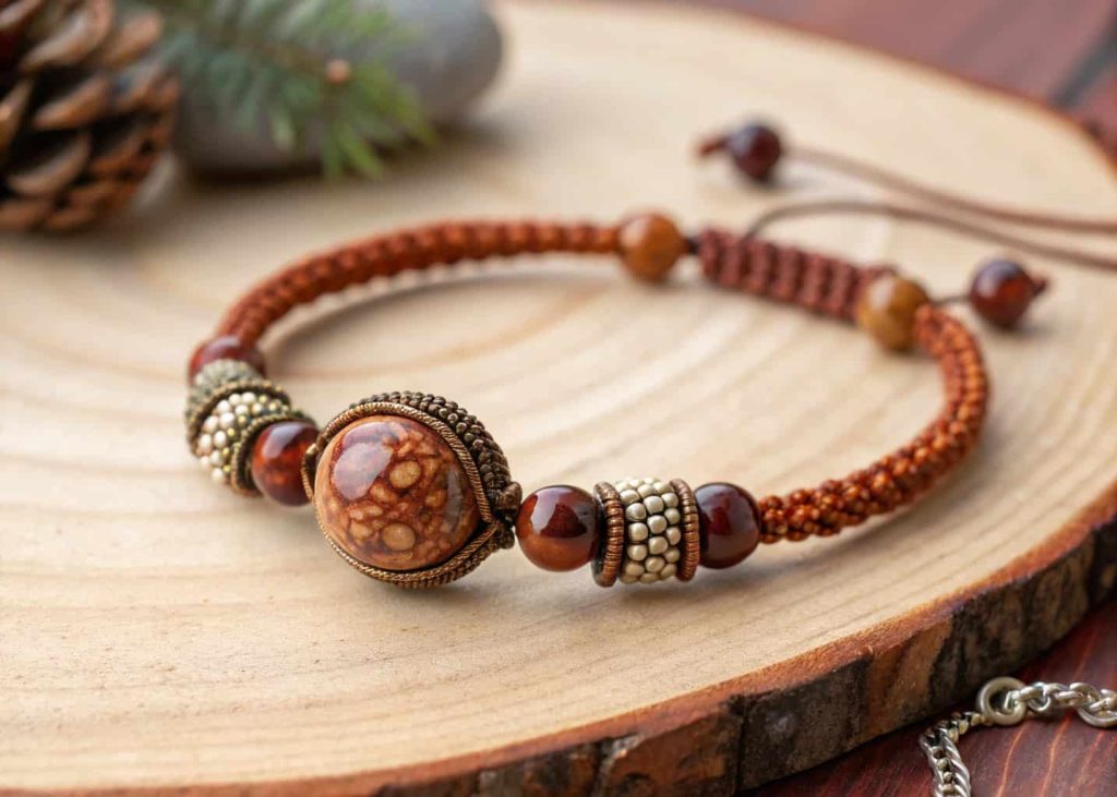 A handmade bracelet featuring one large earthy resin focal bead surrounded by small seed beads, displayed on a warm wooden surface